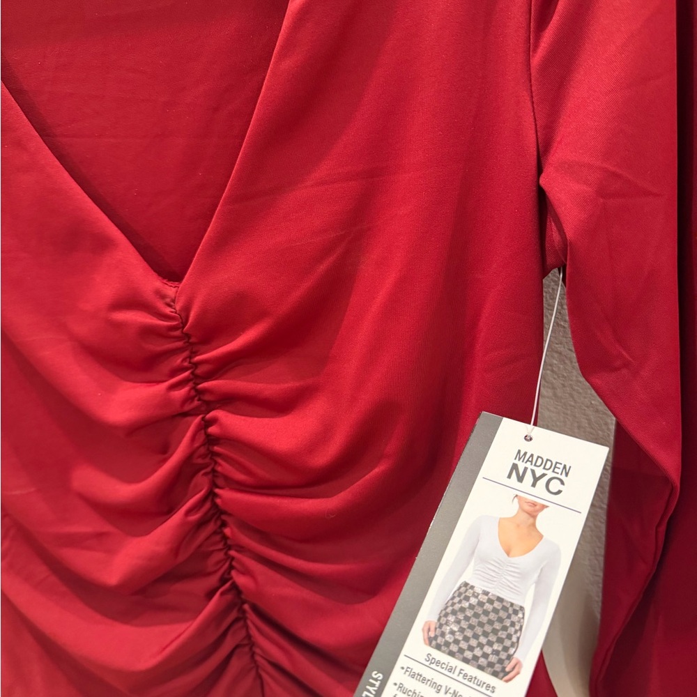 Madden NYC Red Ruched Long Sleeve Bodysuit Size Small NWT